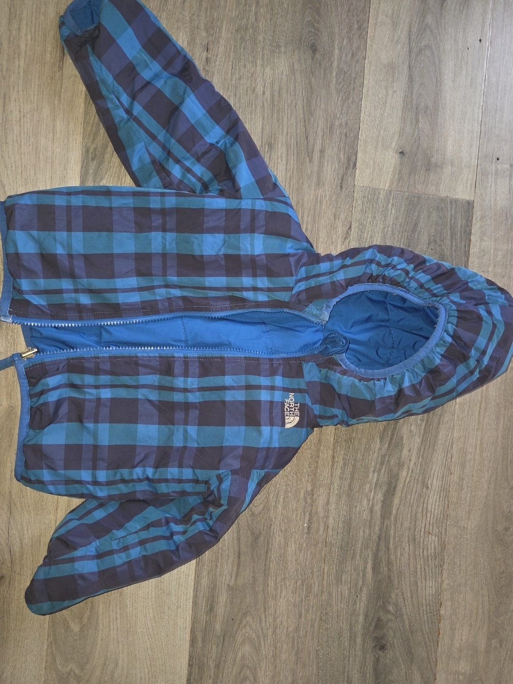 The North Face Kids Blue Plaid Hooded Jacket reversible